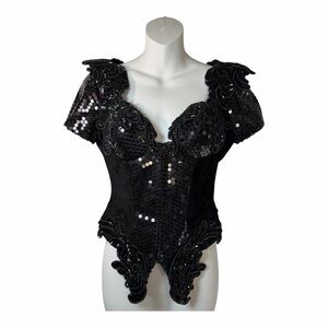 Caché Black Sequin Leather Corset Top Vintage 4 Whimsigoth Goth Beaded Bustier